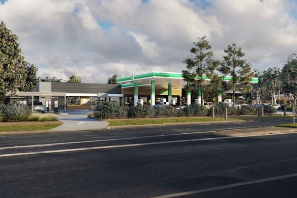 De indruk van een kunstenaar van het voorgestelde BP -tankstation en het gemakrestaurant in de buurt van Dromana.