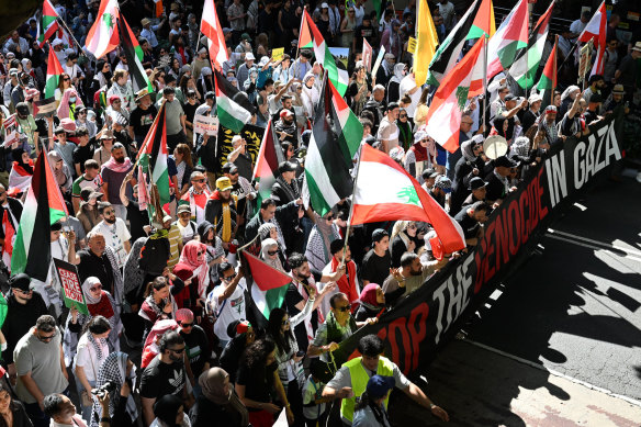 Een pro-Palestijns protest in Hyde Park in Sydney in oktober 2024.