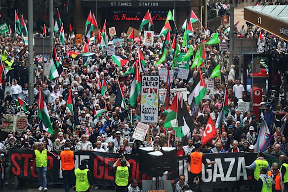 Demonstranten marcheren zondag door het CBD.