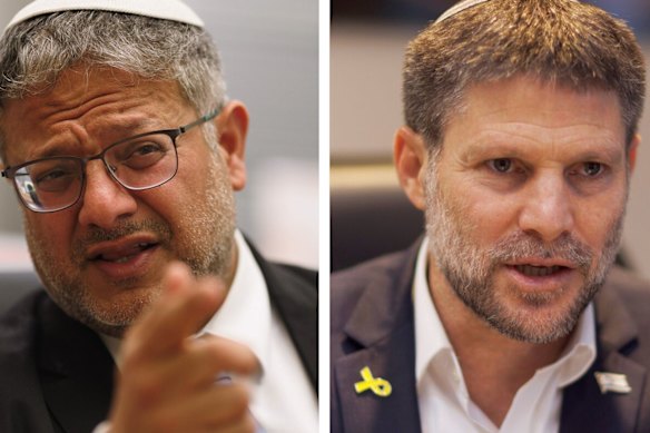 De Israëlische hardliners Itamar Ben-Gvir (links) en Bezalel Smotrich zijn door Australië en andere westerse bondgenoten gesanctioneerd.