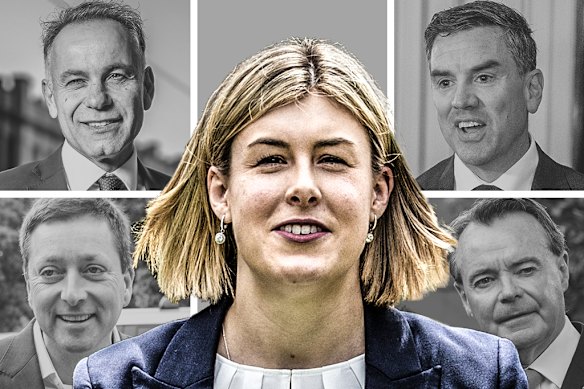 Jess Wilson en voormalige liberale leiders John Pesutto, Brad Battin, Matthew Guy en Michael O'Brien.